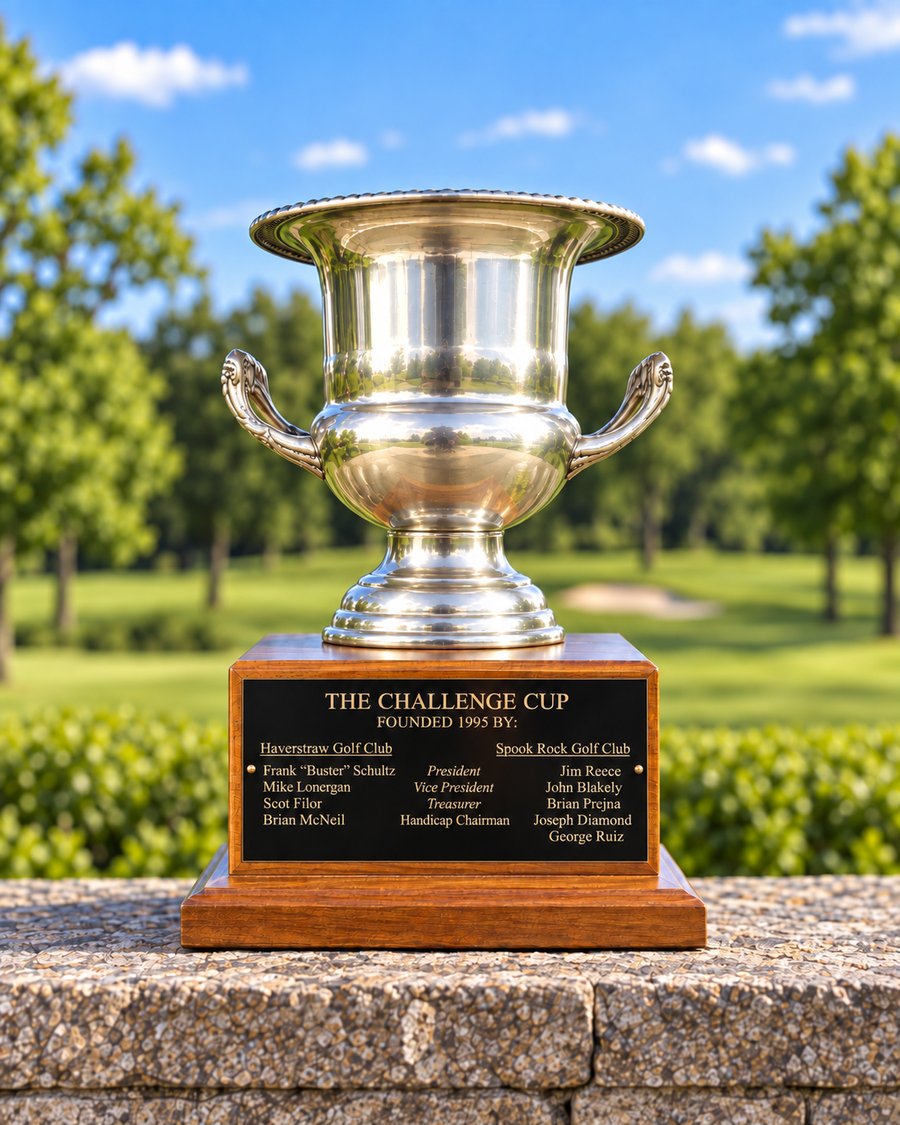The Challenge Cup: a silver two-handled trophy cup on a wooden base, its plate engraved with the 1995 founders from both clubs