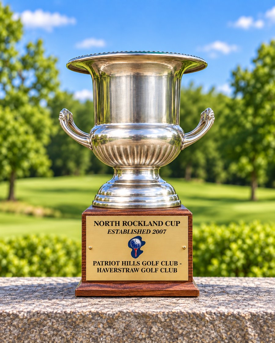 The North Rockland Cup: a silver two-handled trophy cup on a wooden base; its brass plate reads North Rockland Cup, Established 2007, Patriot Hills Golf Club – Haverstraw Golf Club